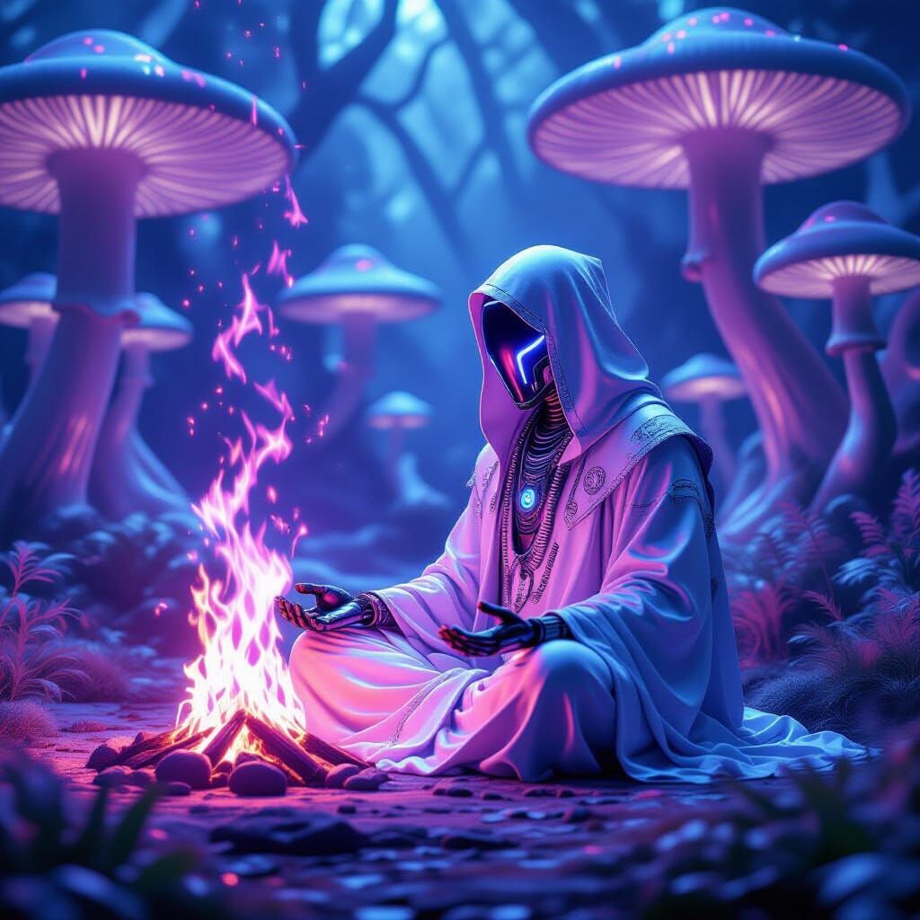 Robot Shaman Meditating in Mushroom Forest
