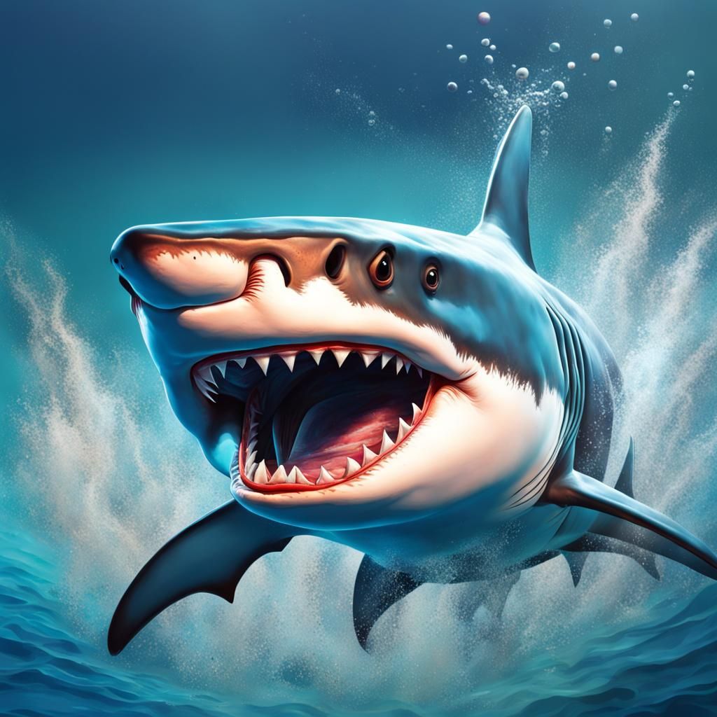 Hyperrealistic Shark Swimming in Ocean: Splash Art