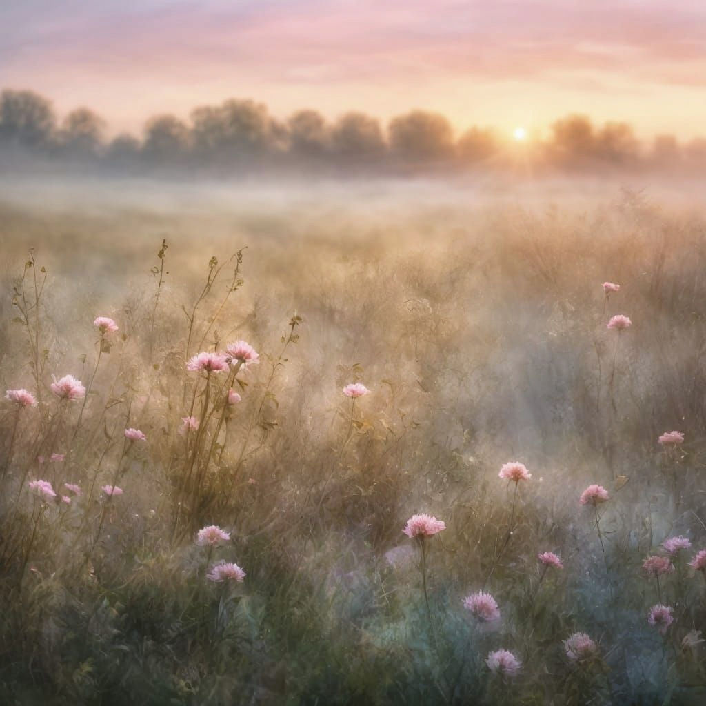 Misty Sunrise Over Lush Wildflower Meadow