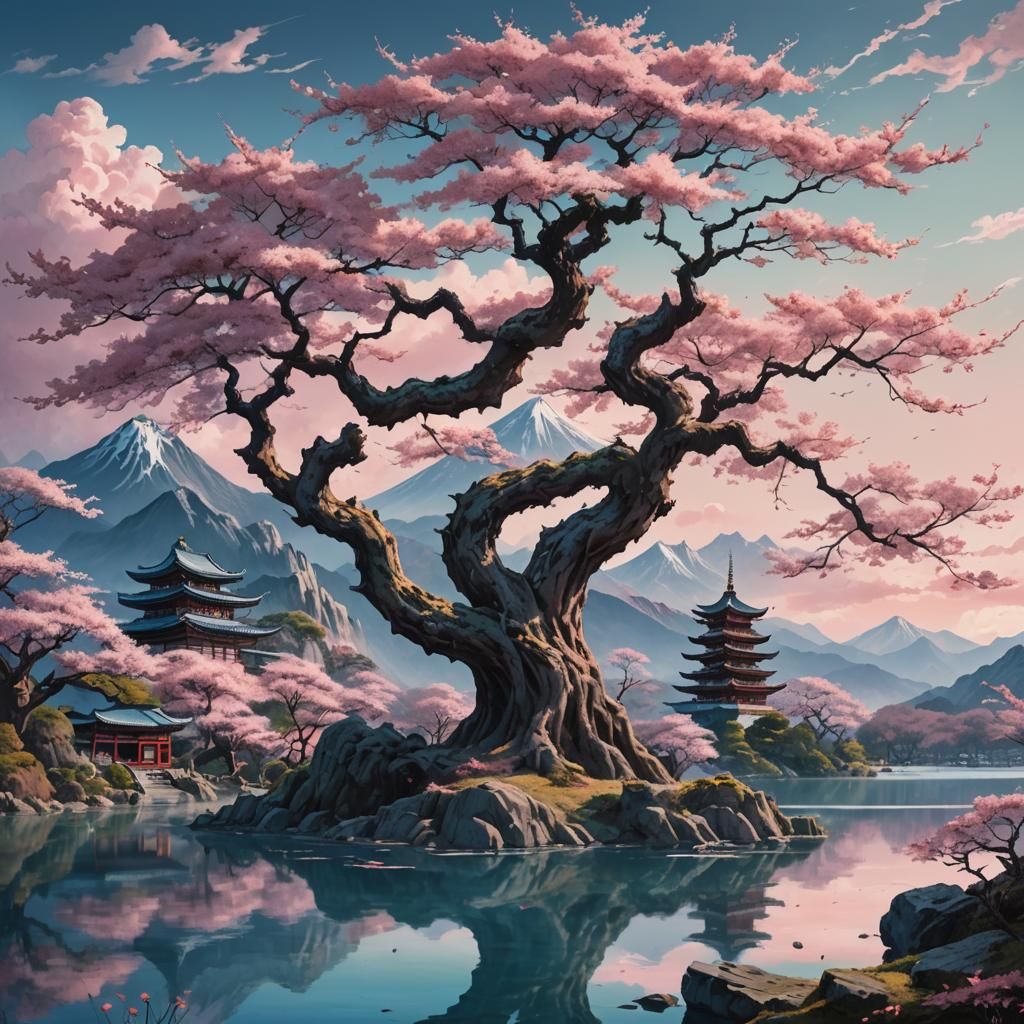 Sakura Tree, Dragon, and Temples in Mystical Landscape
