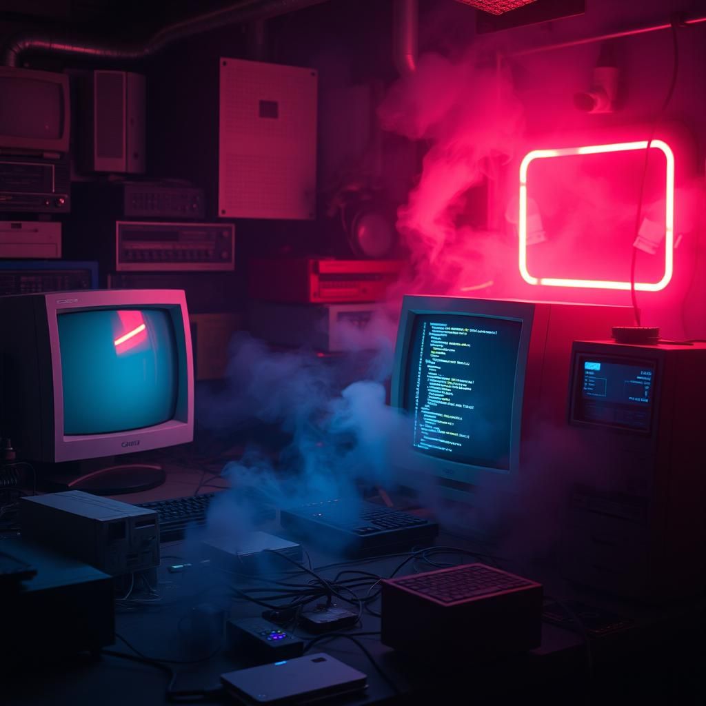 Retro-Futuristic Coder in Neon-Lit Room