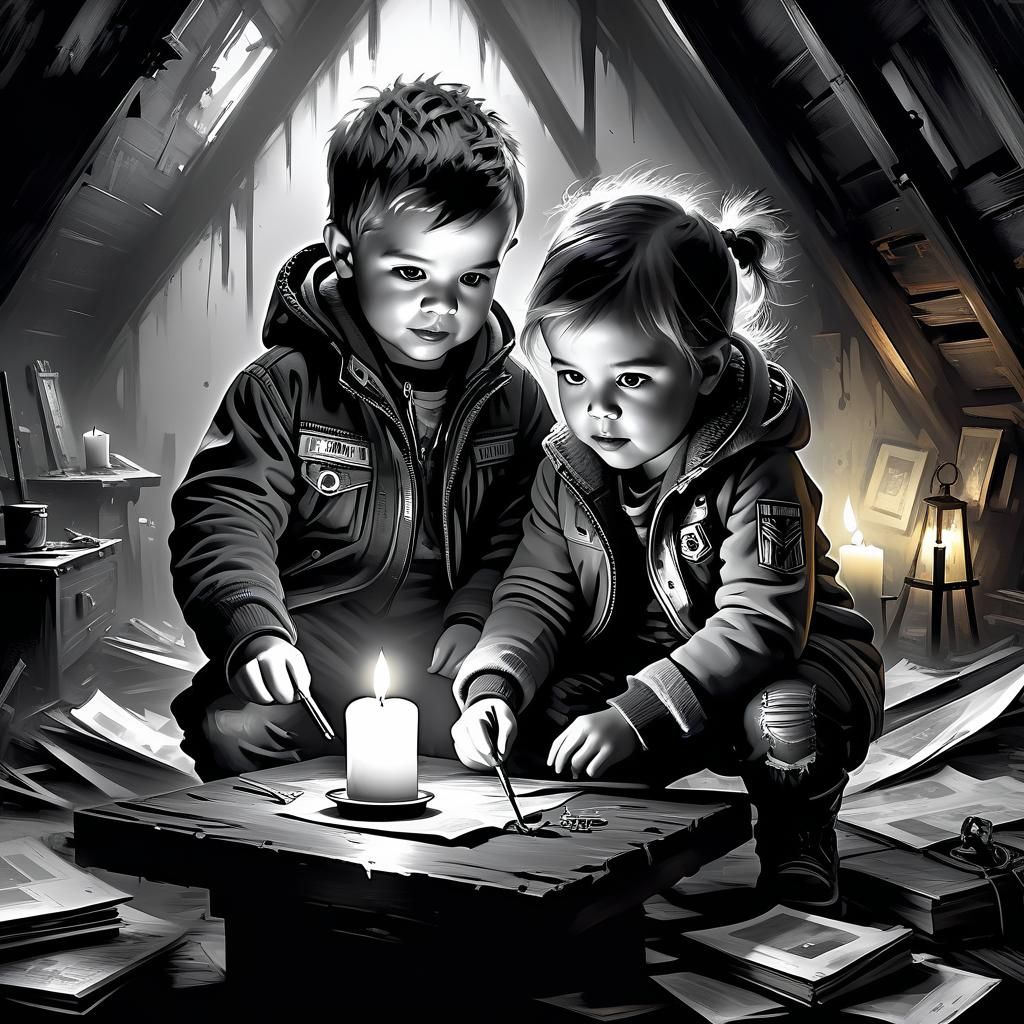 Toddler Adventure: Grayscale Painting of Siblings
