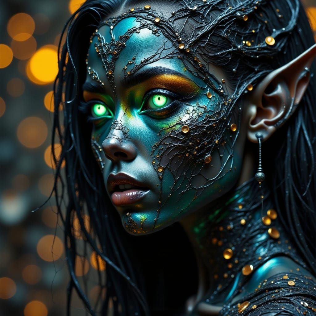 Surreal Dark Elf Gazing with Glowing Eyes in Low Angle Shot