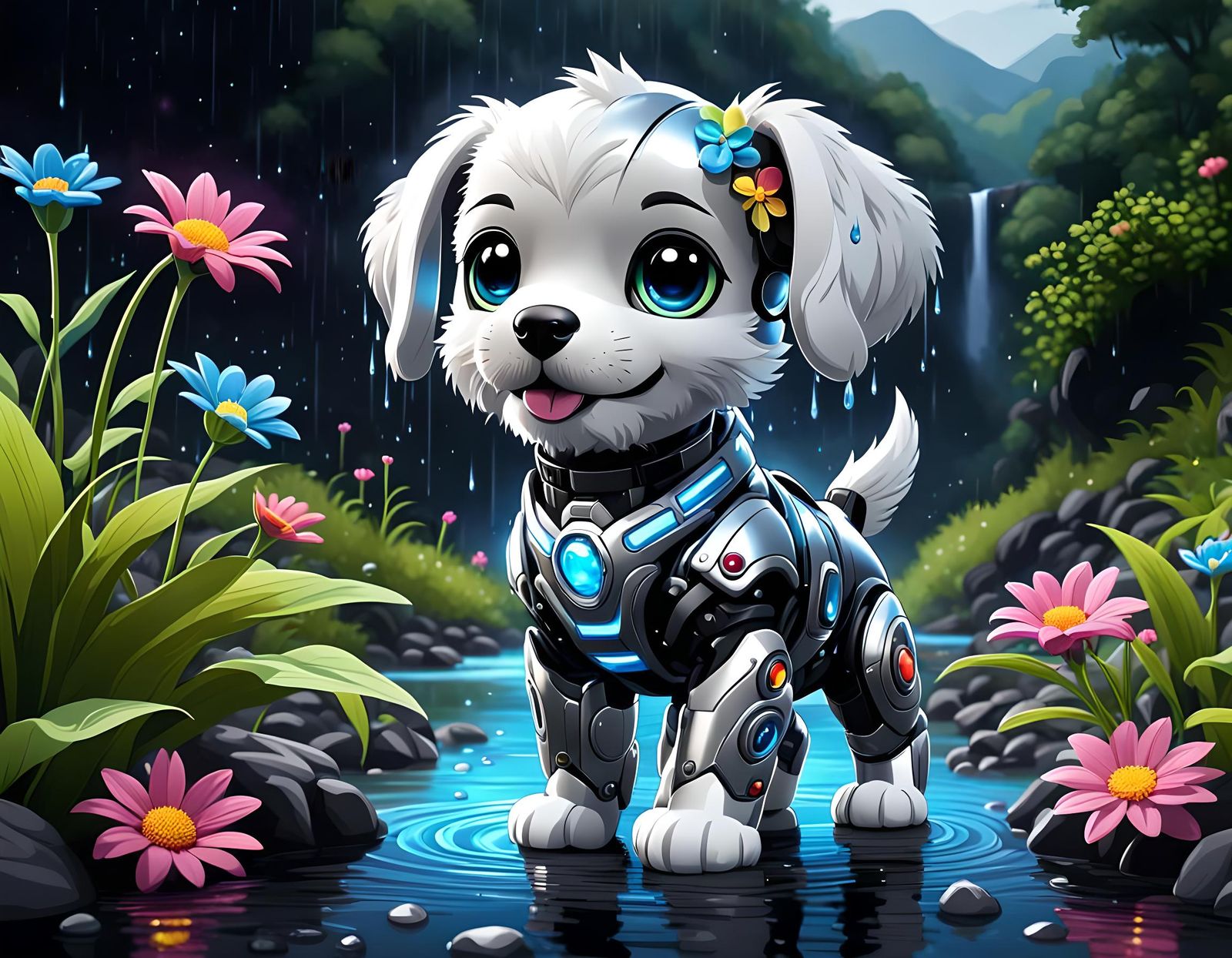 Cyborg Puppy in Rainy Crystal River Scene