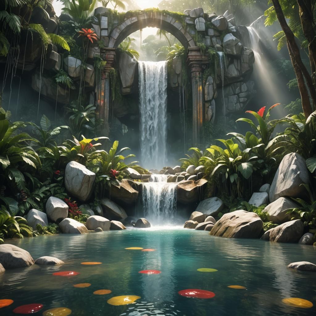 Epic Waterfall with Stained Glass Inserts