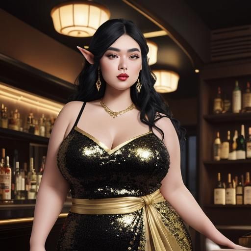 Glamorous Elf Woman in Sequin Dress, Hyperrealistic Art