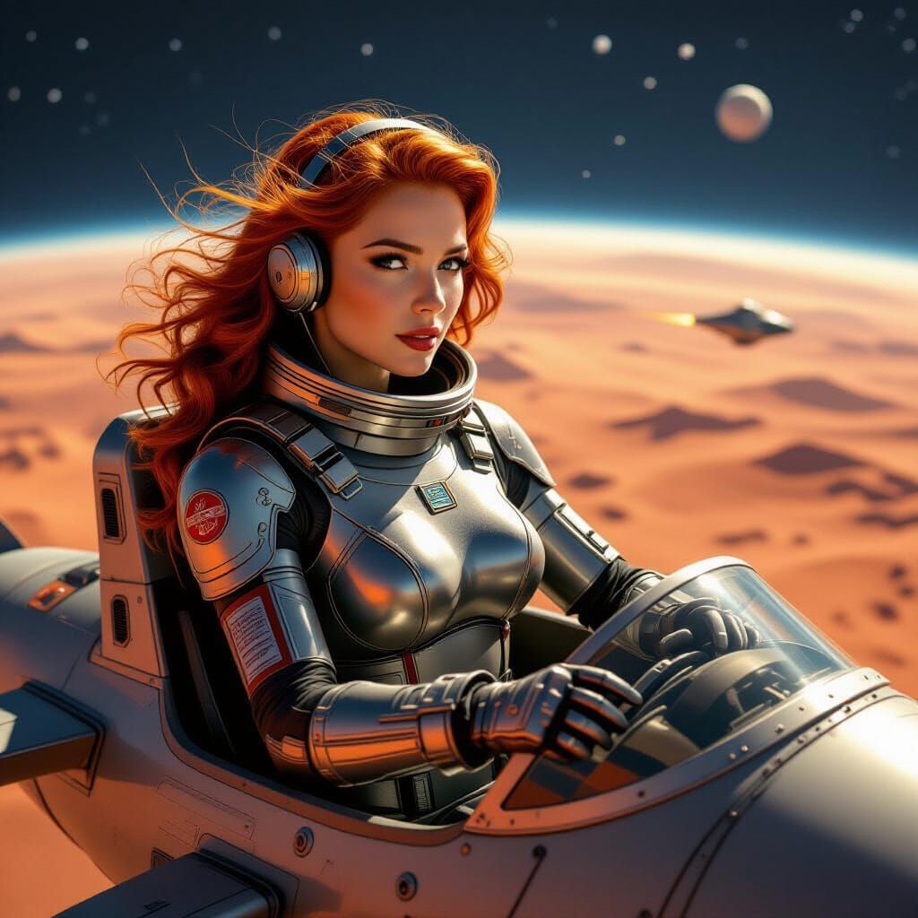 Dieselpunk Cosmonaut Piloting Spaceship on Mars