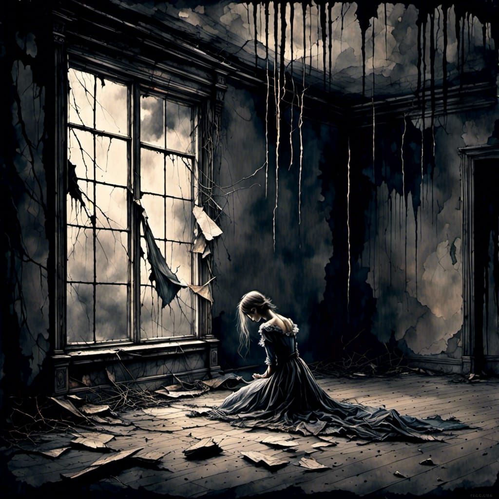 Broken windows, In empty hallways, <lora:Dark:1.0> A pale de...