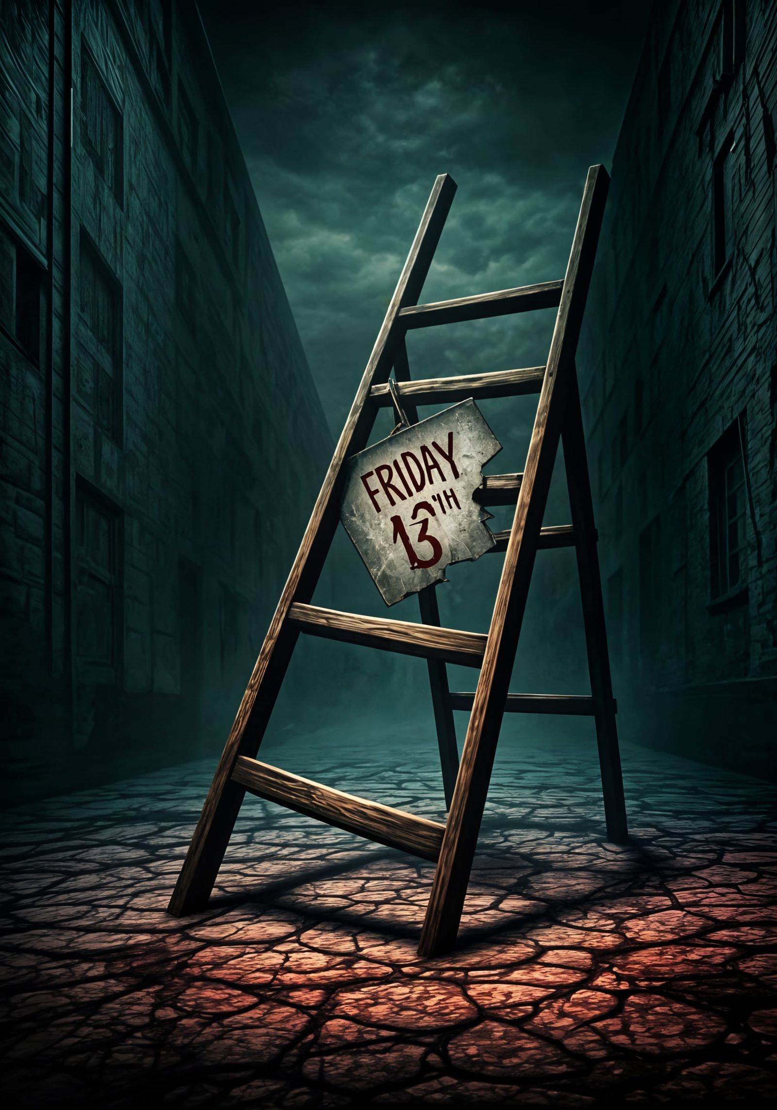 Surreal Friday the 13th Sign Falling From Ladder