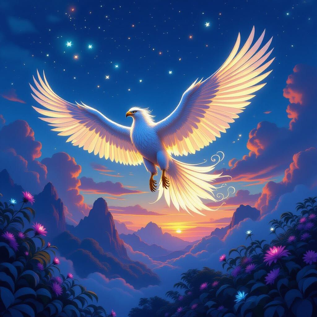 Majestic Griffin Soars Through Bioluminescent Fantasy Landsc...