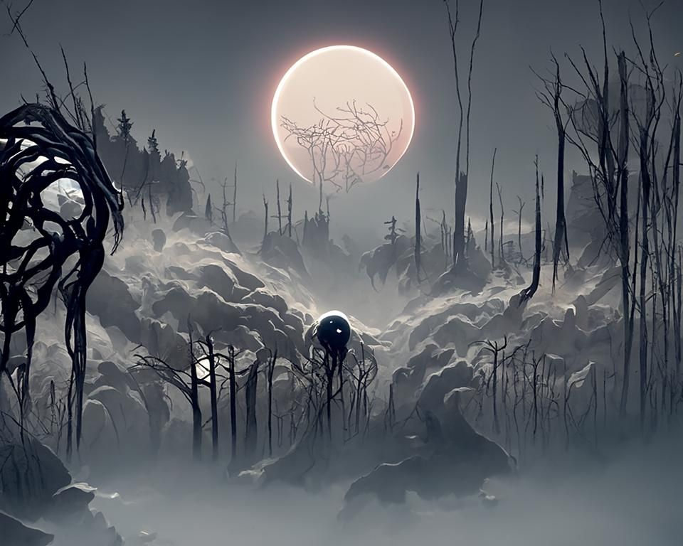 Agonized Moon over Dark Forest in Digital Art