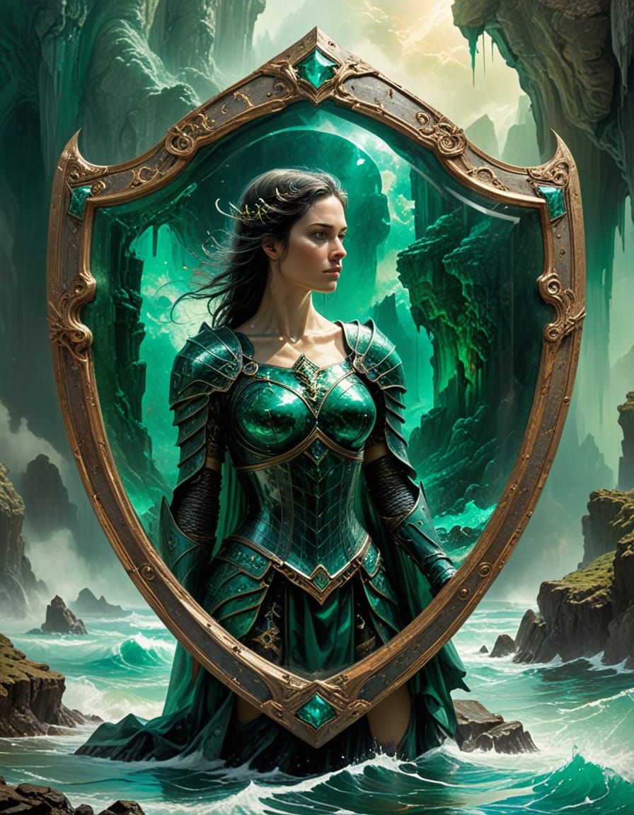 Surreal Fantasy Emerald Shield in Vivid Waterpainting Style
