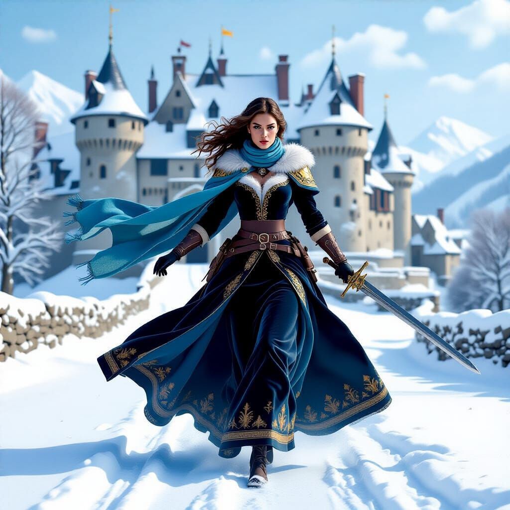 Medieval Black Queen with Sword near Castle