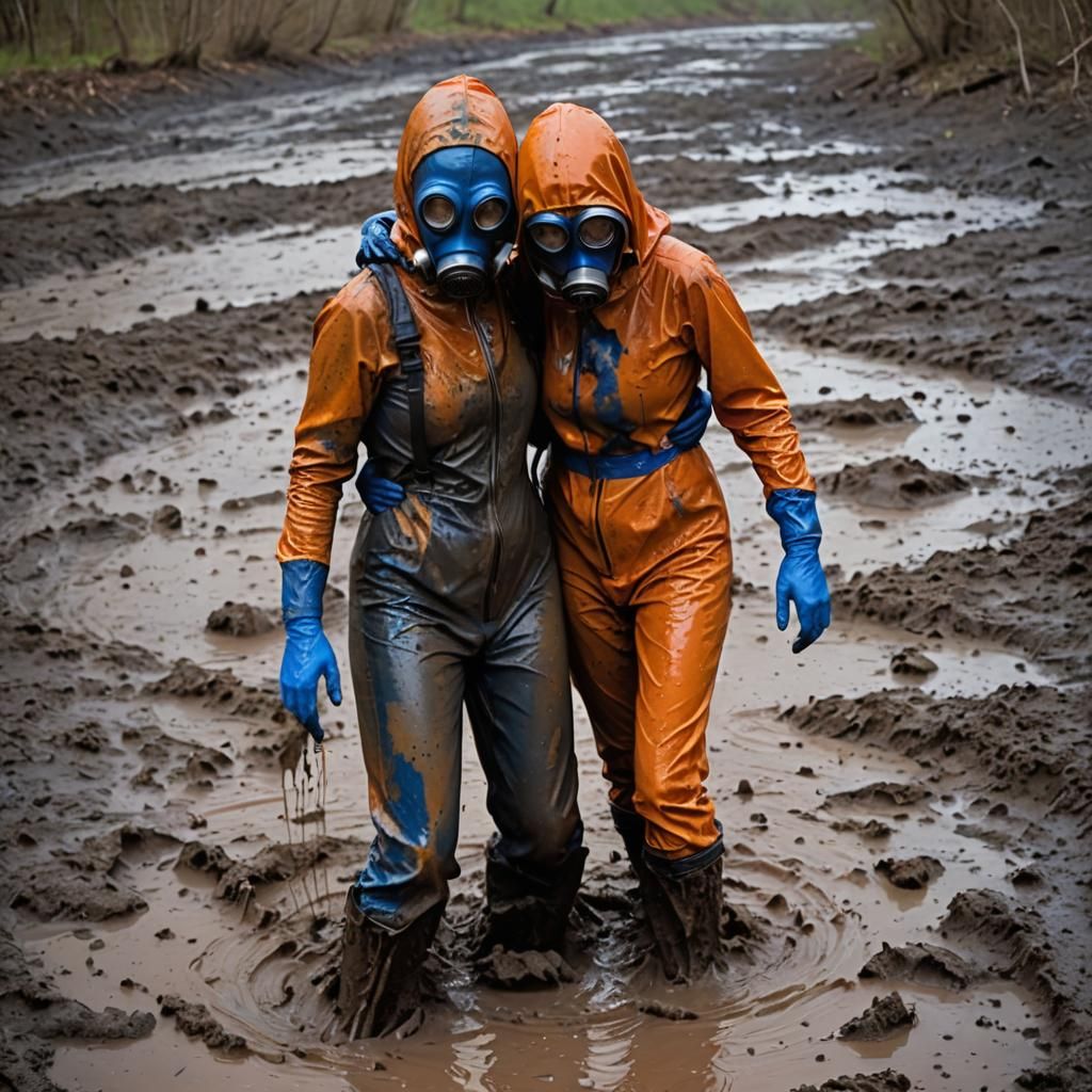Couple in mud with very pourring rain