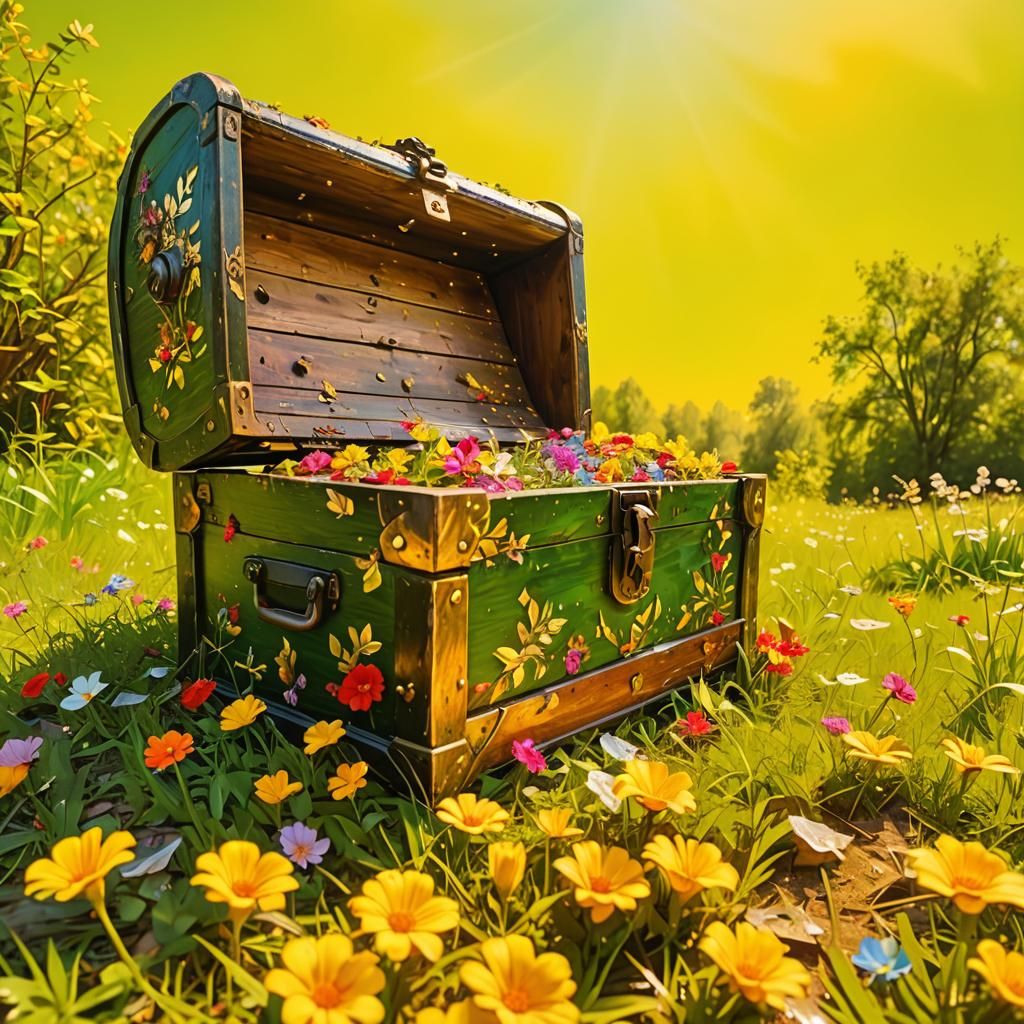 Antique Chest Overflowing with Flowers in Hyper-Realistic St...