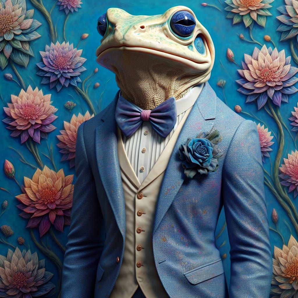 Art Deco Marble Frog Statue with Floral Backdrop