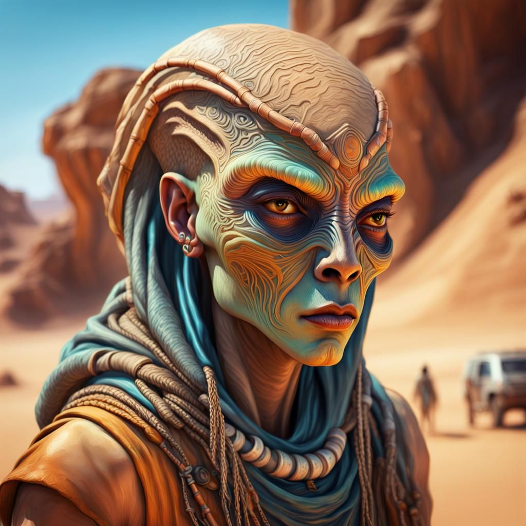 Tribal Alien Nomad at Oasis: Hyperrealistic Concept Art