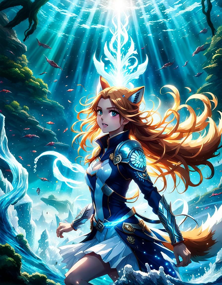 Fox Girl Aviator in Underwater Battle, Anime Art