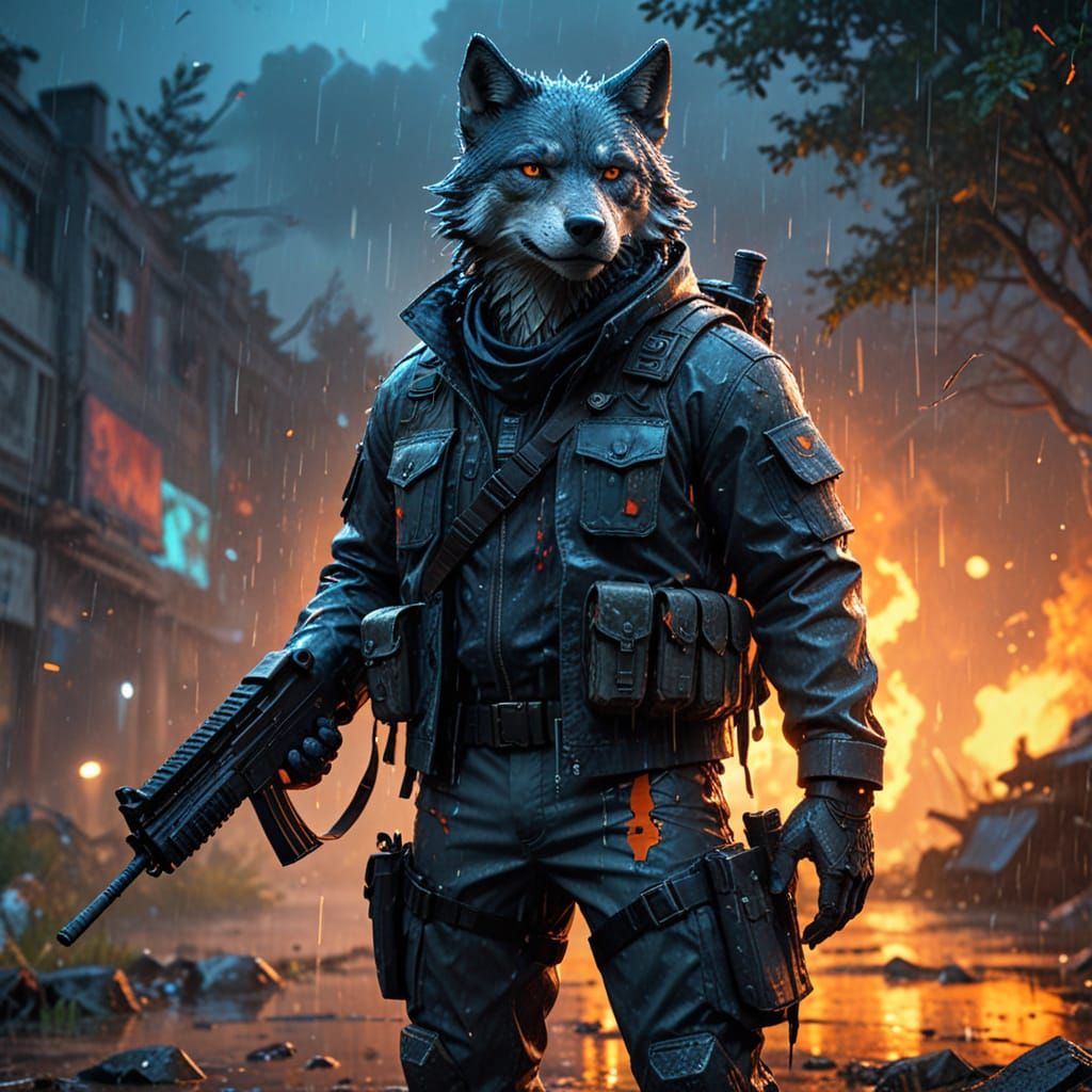 Cyberpunk Wolf Warrior in Rainy Battlefield