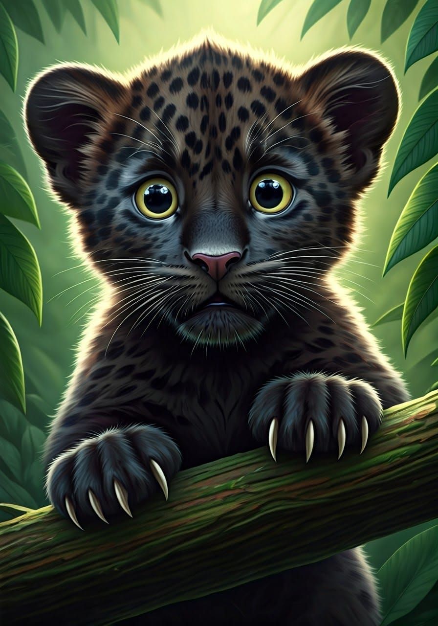 Whimsical Jungle Panther Cub in Vibrant Emerald Green