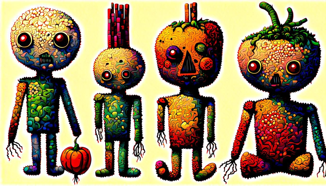 Voodoo Vegetable Dolls in Pointillist Cubist Style