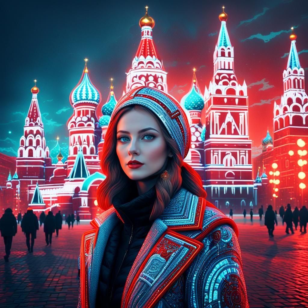 Futuristic Red Square with Slavic Lady, Sci-Fi Architecture