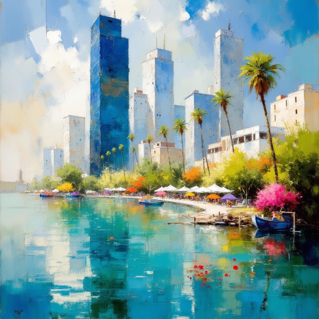 Vibrant Hyper-Realistic Waterfront Cityscape in Oil Painting...