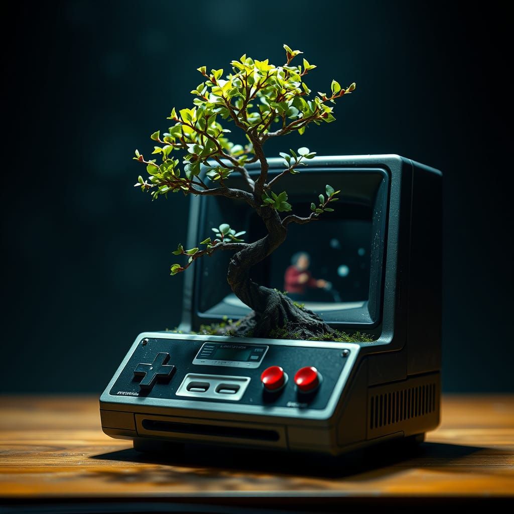 Bonsai Tree in Vintage Console: Glitchcore Digital Art