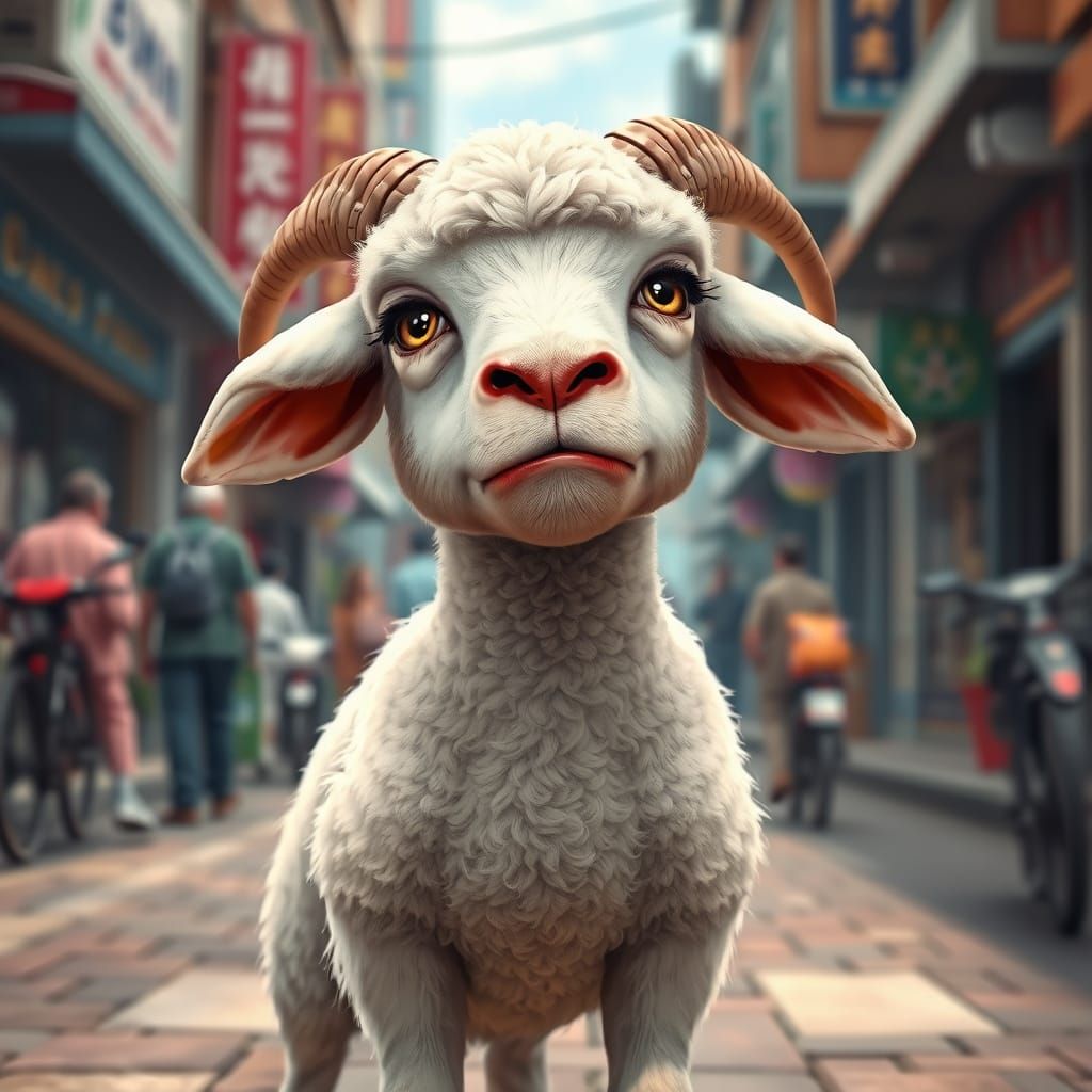 Annoyed Lamb on Bustling Street: Digital Art