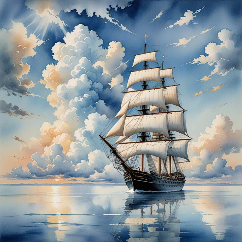 Tall Ship Made of Clouds in Watercolor Style