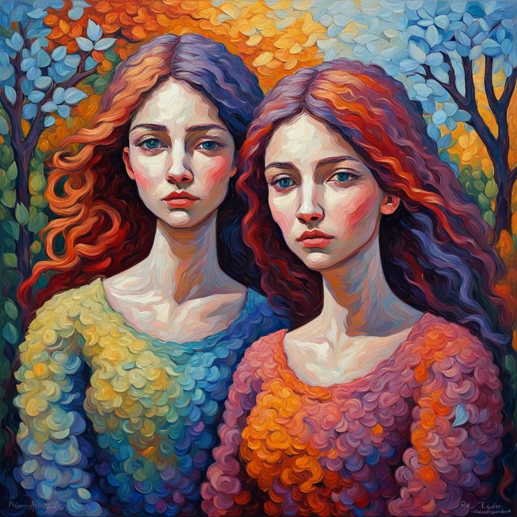Reverie Sisters: Expressionist Oil Painting
