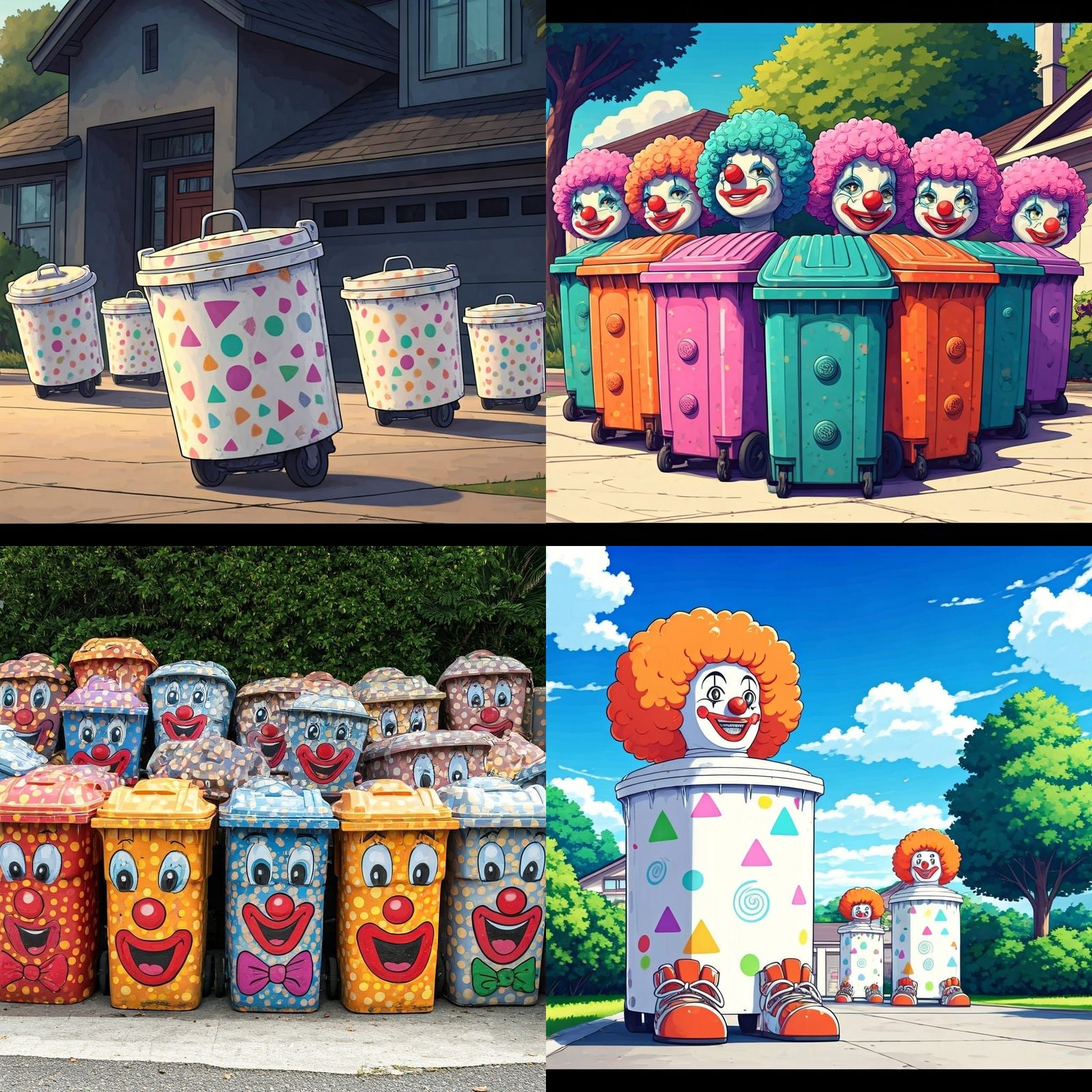Clown Trash Cans in Manga Anime Style