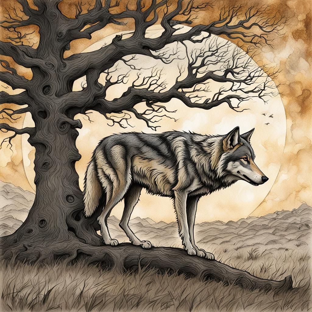 Gray Wolf Illustration in Arthur Rackham Style
