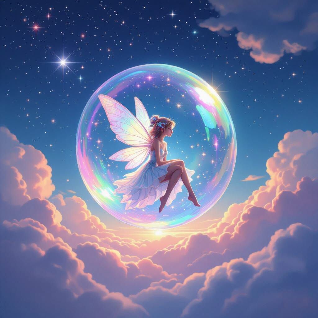 Fairy in Luminous Bubble Drifting Through Starry Sky
