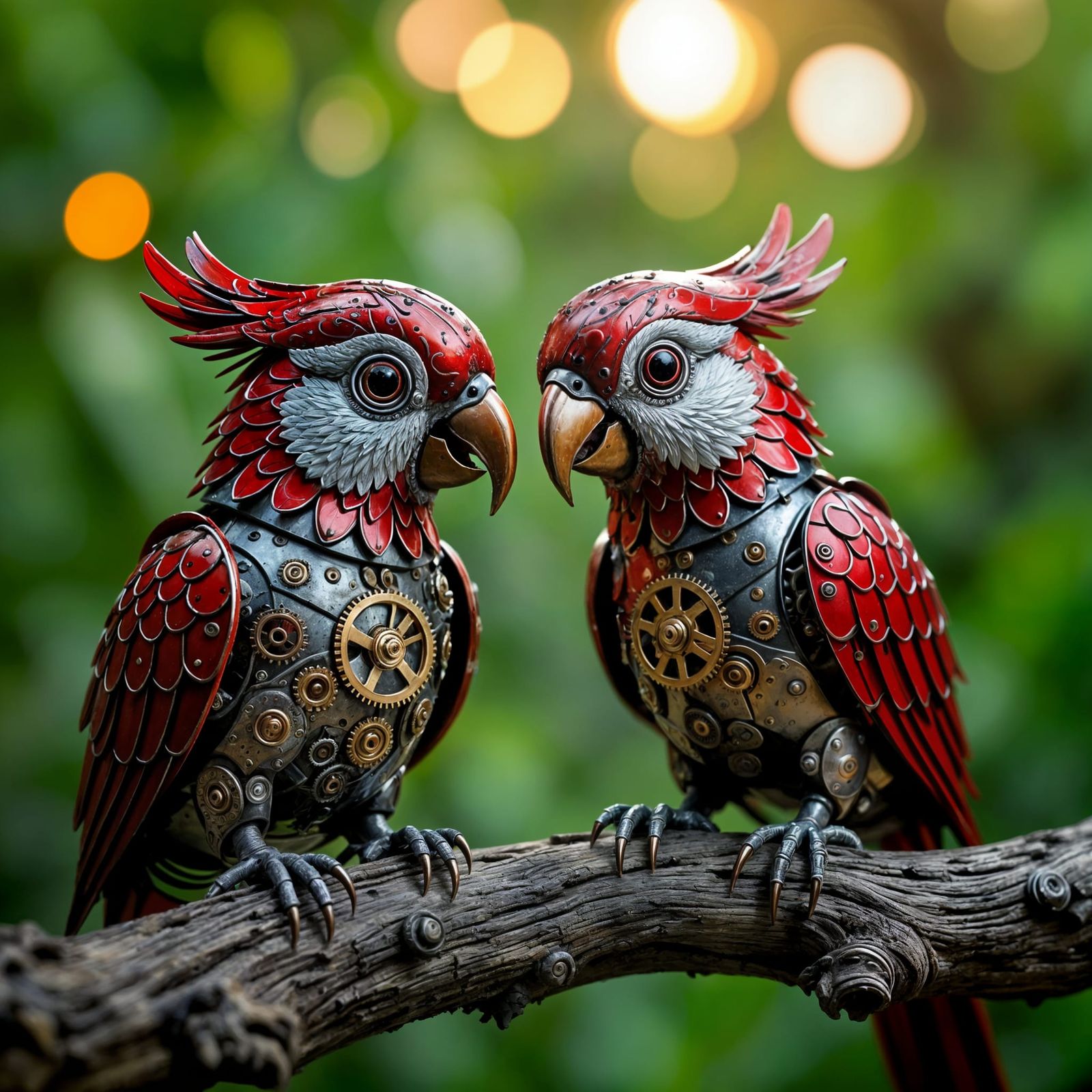 Clockwork Parrots Locked Together in Macro Close-Up