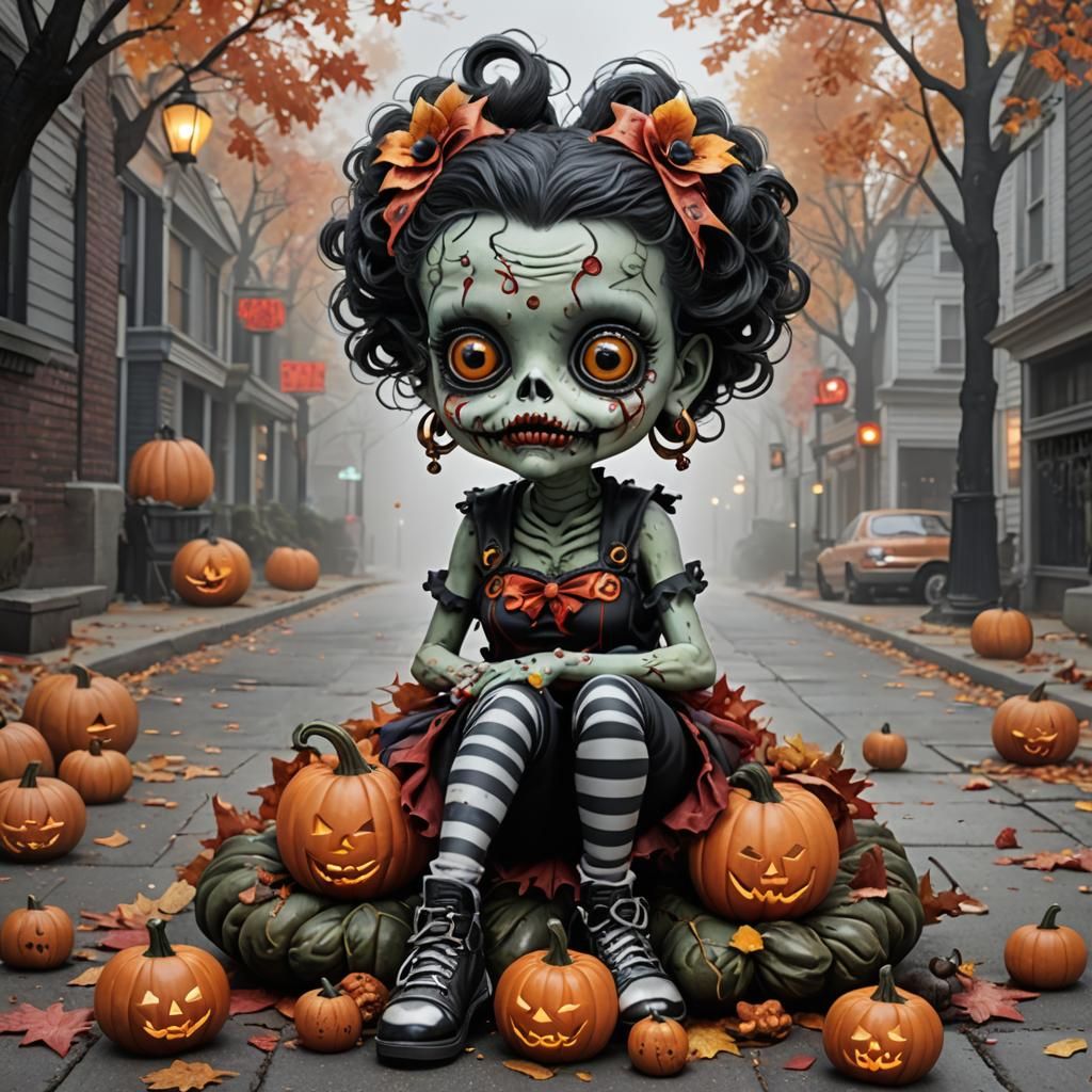 Hyper-Realistic Betty Boop Zombie on Foggy Street
