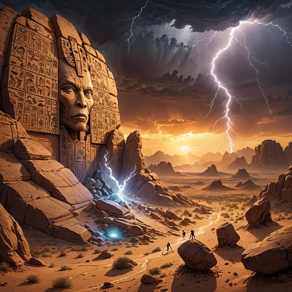 Alien God Judges Humans in Stormy Desert Landscape
