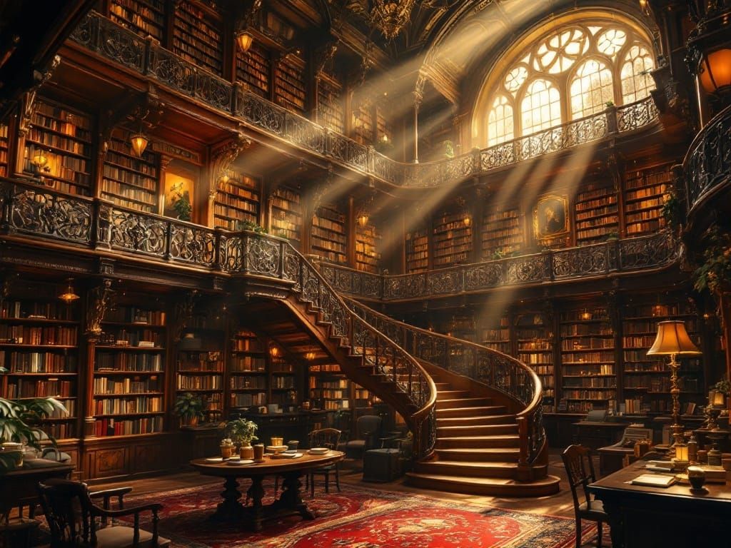 Whimsical Victorian Library Scene in Warm, Golden Light
