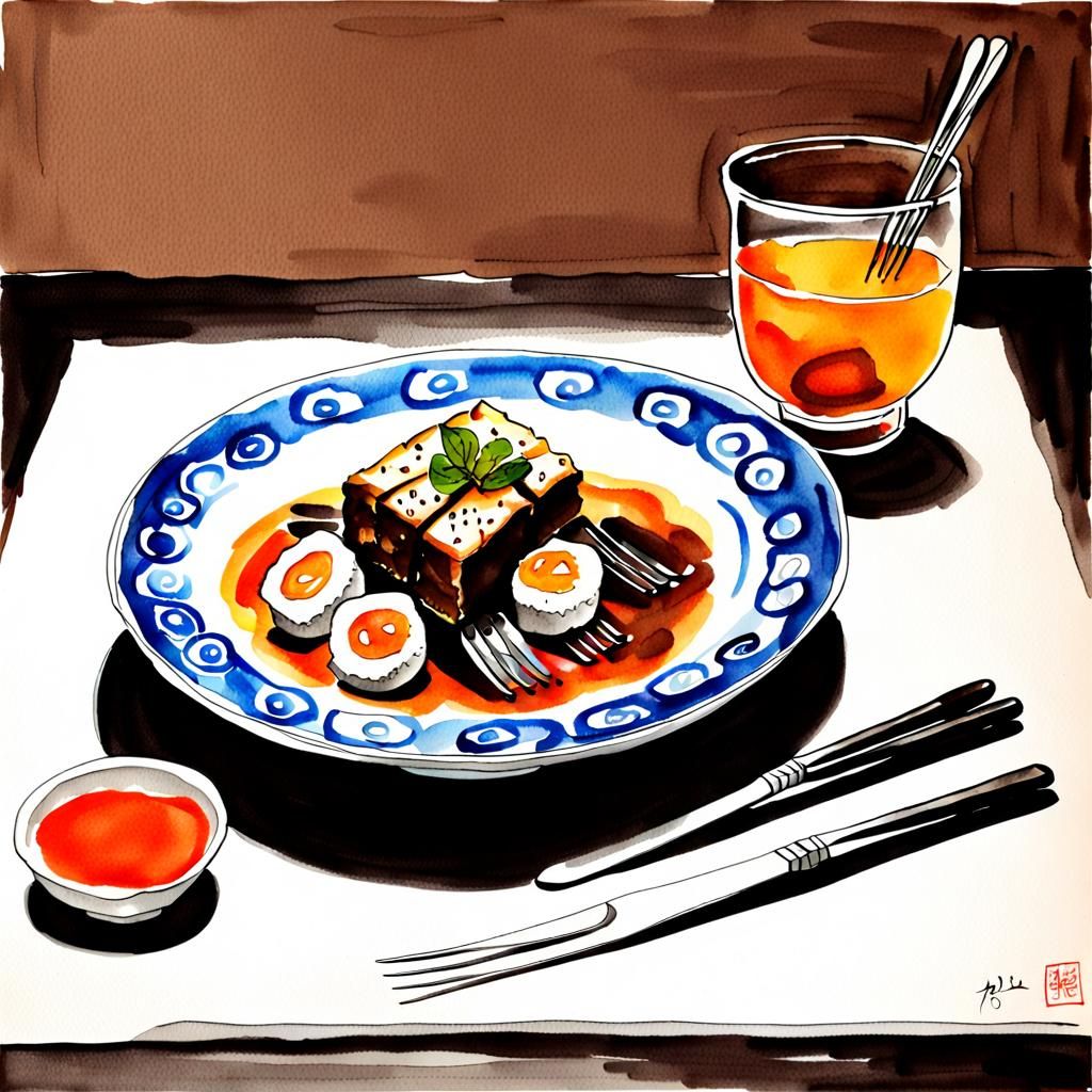 Simple Oriental Still Life in Ink and Watercolor