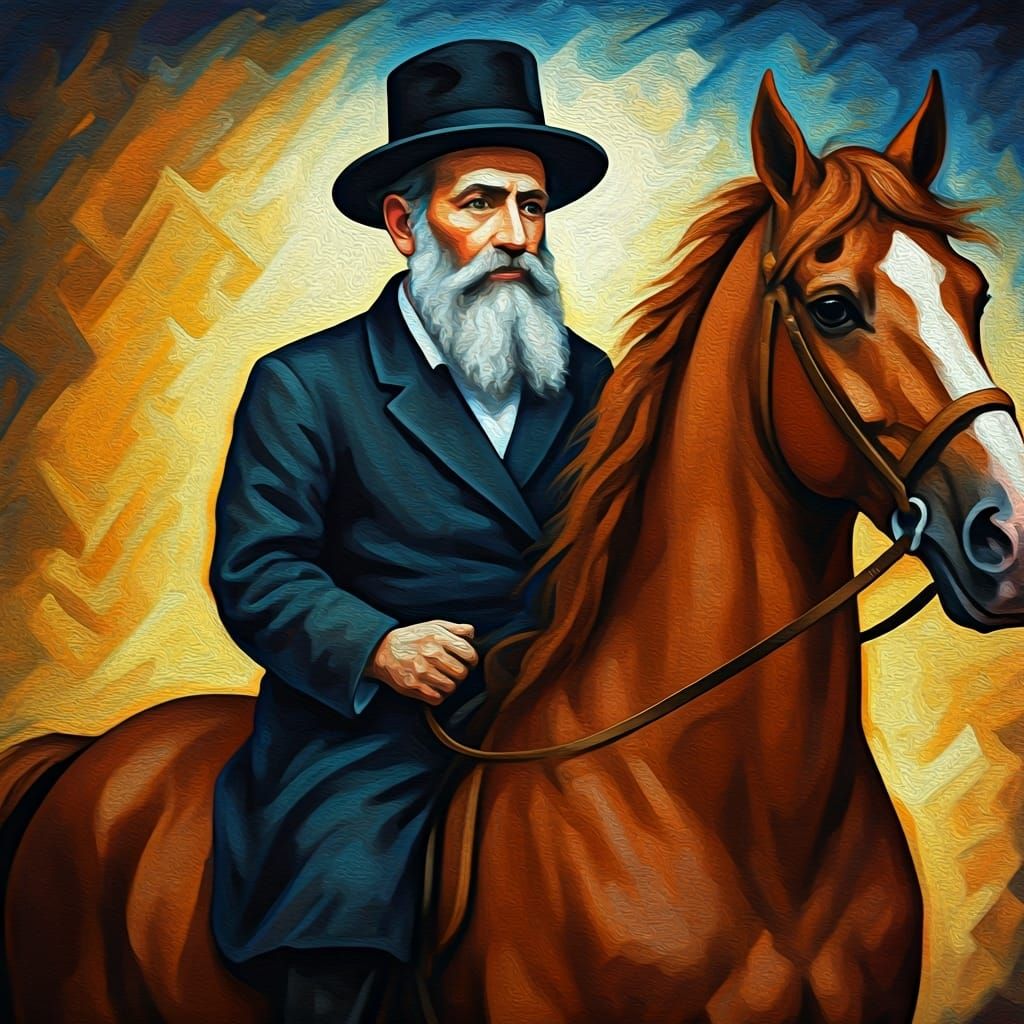 Hasidic Man Rides Knight's Horse in Expressionist Style