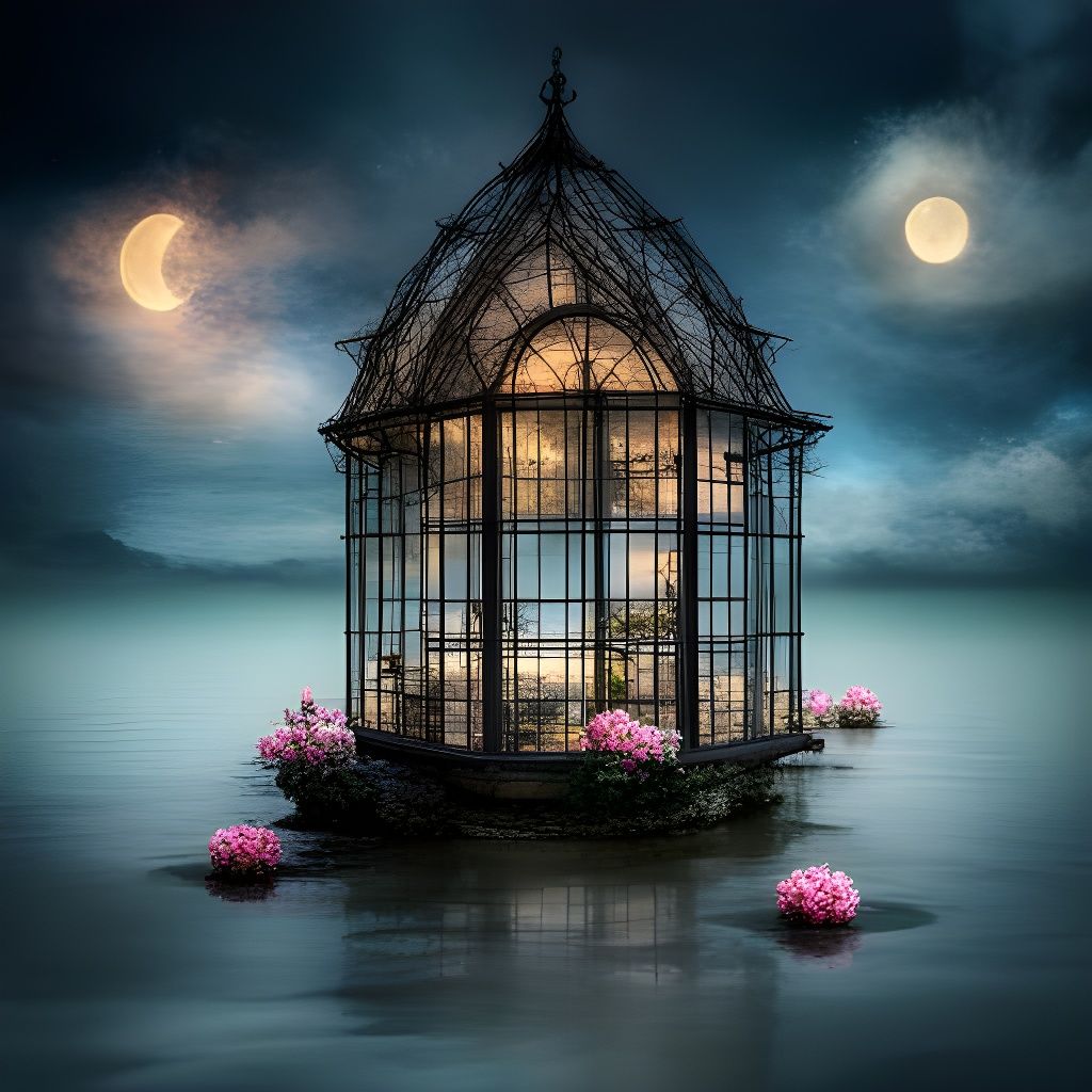 Magical Glass House on Water at Midnight