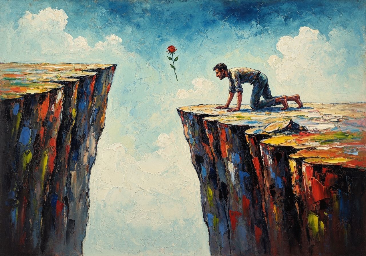 Man Reaching for Falling Rose on Cliff Face in Expressionist...