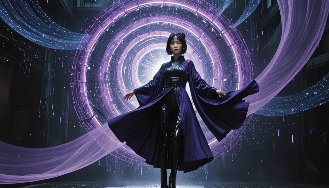 Ethereal Cyberpunk Idol Above Cosmic Vortex