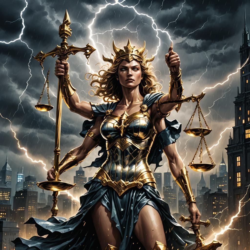 Lady Justice in Stormy Cityscape Comic Art