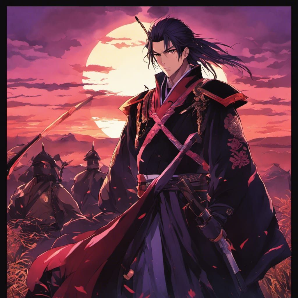 Shogunate Prince Leading Army at Sunset: Anime Style