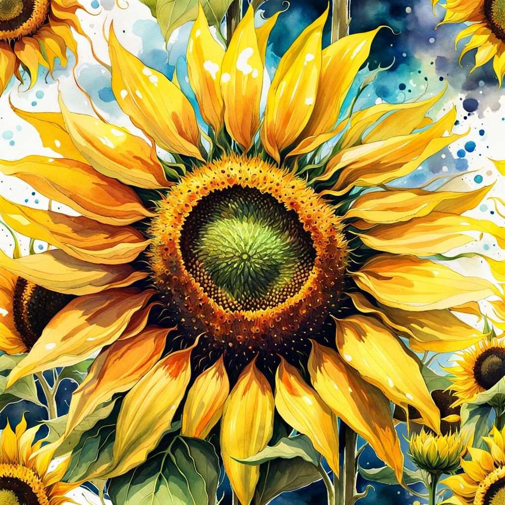 Luminous Sunflower Field in Digital Watercolor