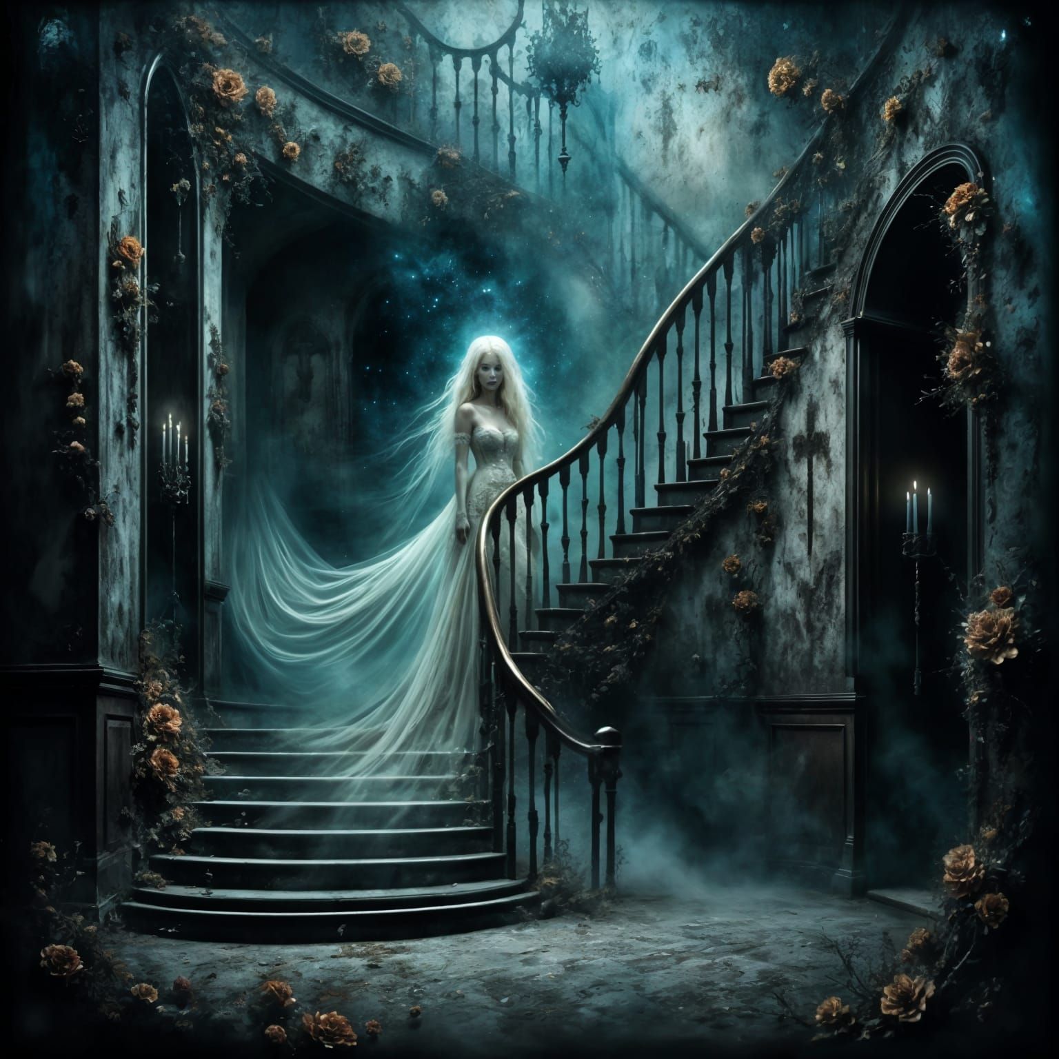 Ghostly Lady in Gothic Mansion, Renaissance Oil Painting