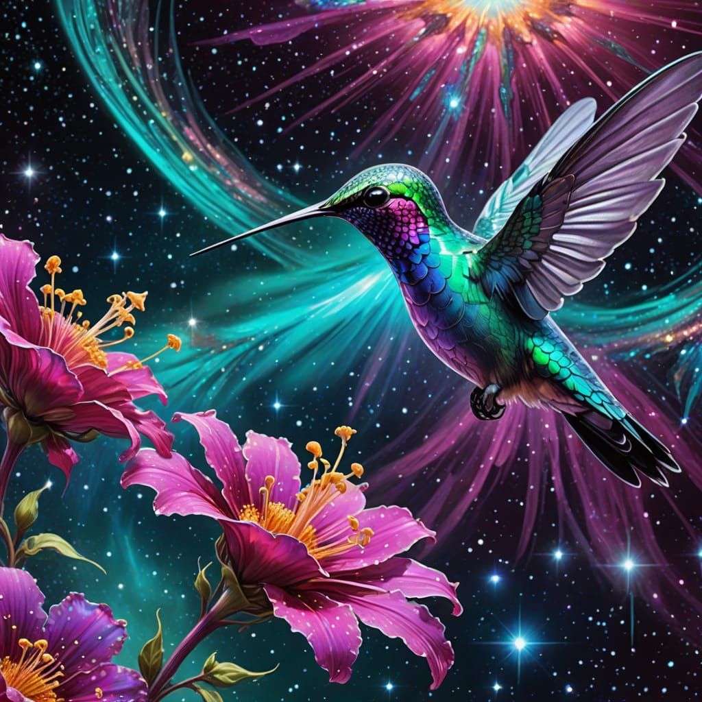 Celestial Hummingbird Sips Nectar in Cosmic Surrealism