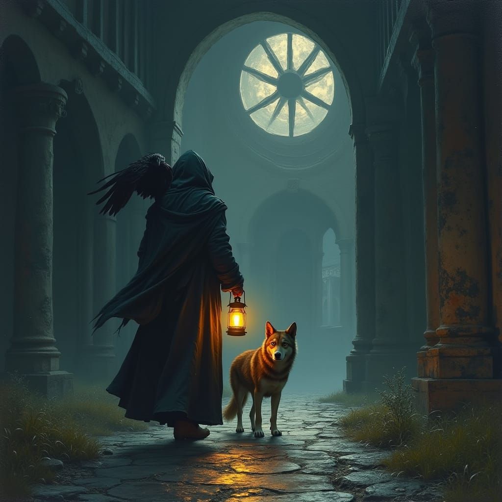Wanderer With Raven and Wolf in Dutch Realism Style
