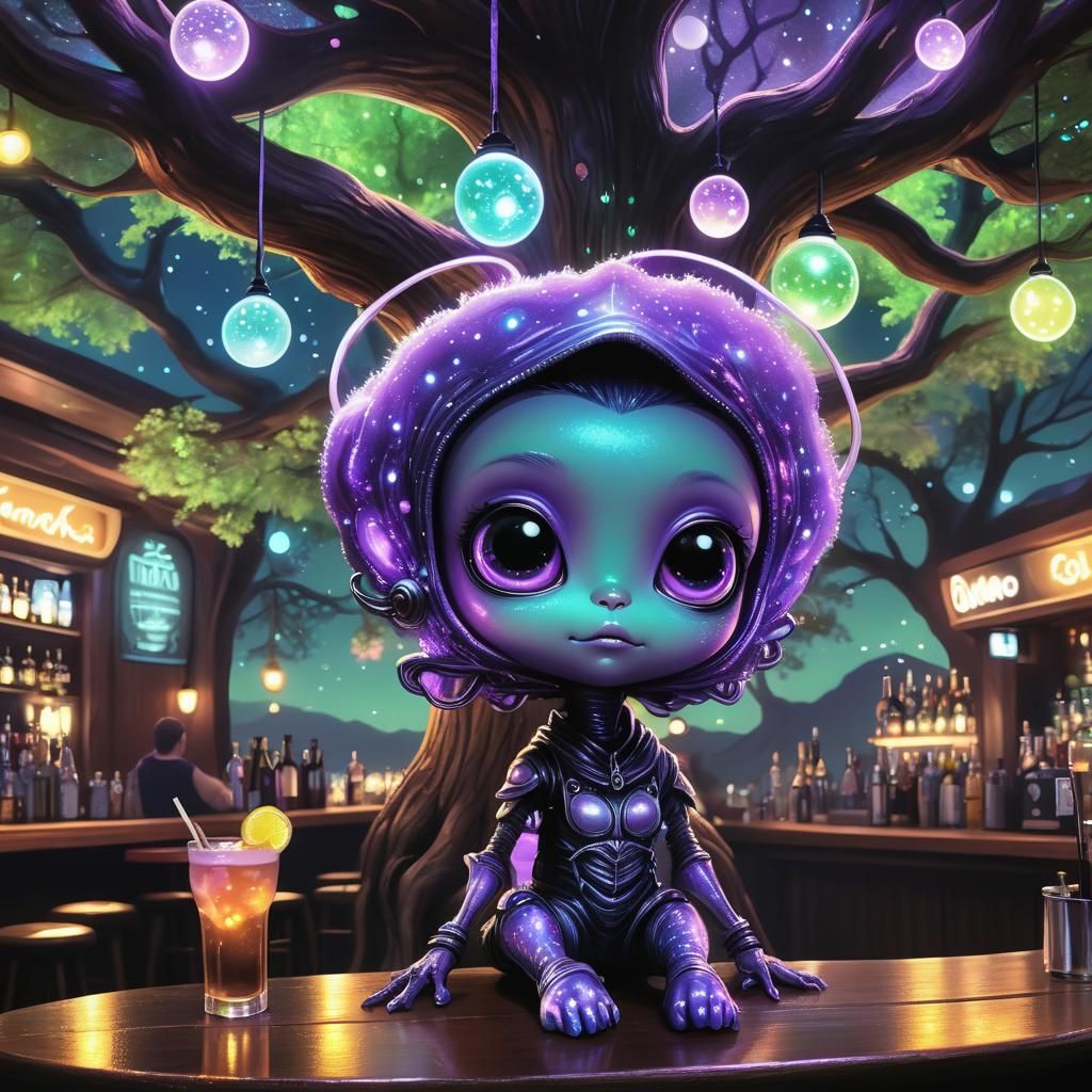 Whimsical Alien Chibi in Steampunk Oasis